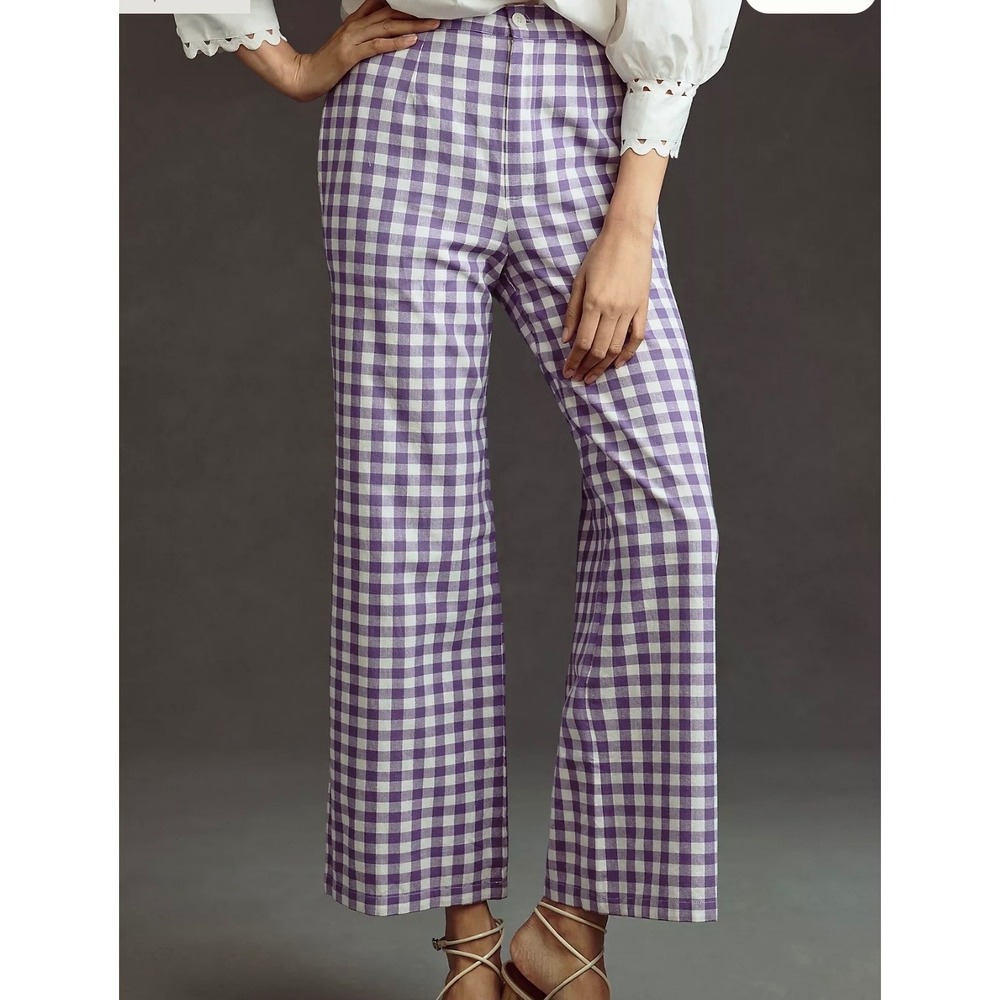 ANTIK BATIK Purple Gingham High Waisted Wide Leg Pants Pleated Front Trouser S